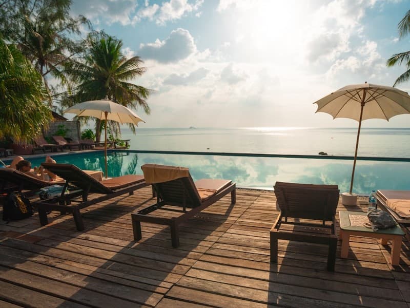 Resort pool deck overlooking the sea